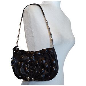 Brighton Roselie Shoulder Bag Leather Flower Purse Silver Chain Trim Black EUC‎